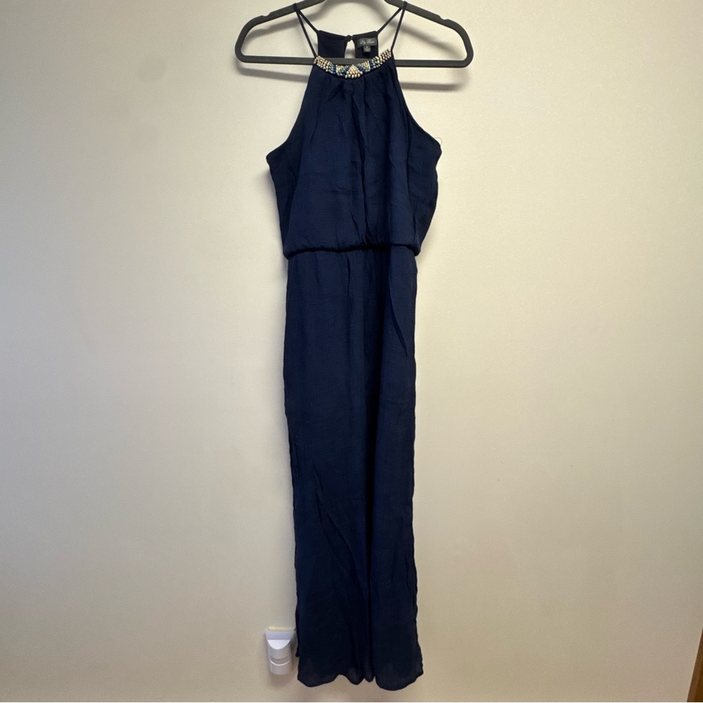 Lily Rose Navy Halter Maxi with Beaded Neckline Size M